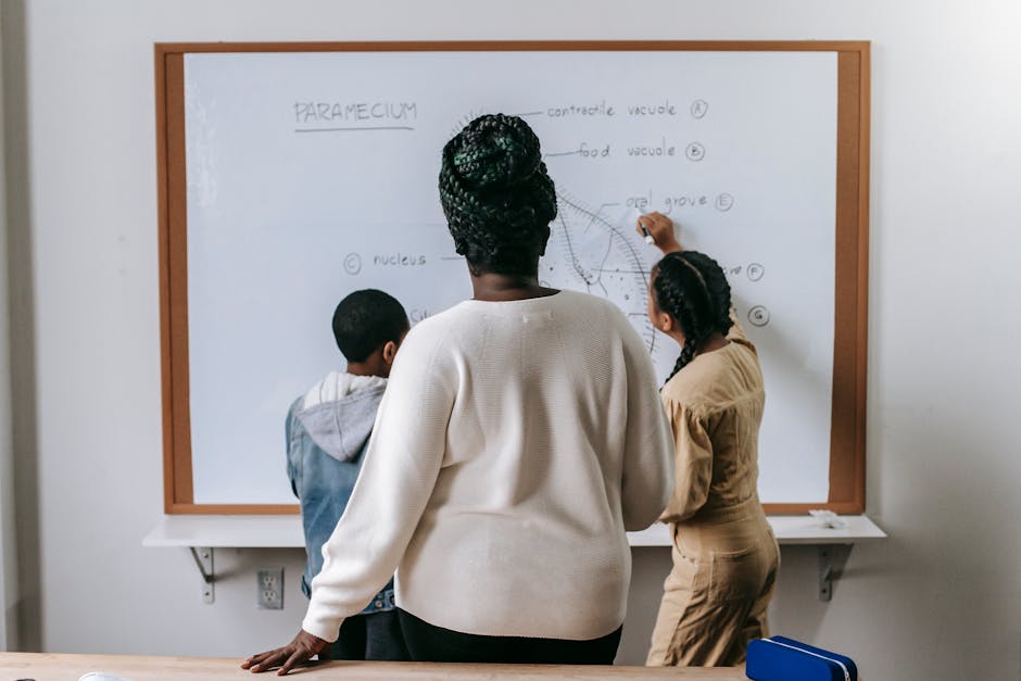 Back view of anonymous African American woman watching on pupils writing on whiteboard in classroom